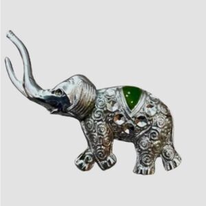 Vintage Elephant Small Mini Pin Silver Tone with Jade Colored Stone